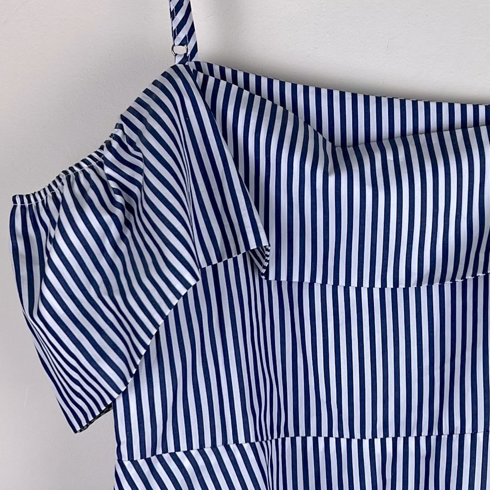 Harshman Sleeveless Ruffle Maia Blouse Top Nautical Coastal Navy White Stripe XS - Picture 9 of 14